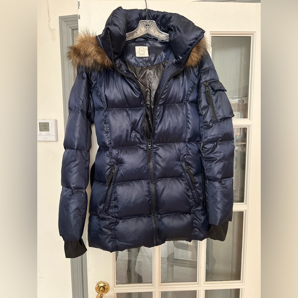 SAM New York Women’s Down Puffer Fur Trim Size S Navy EUC